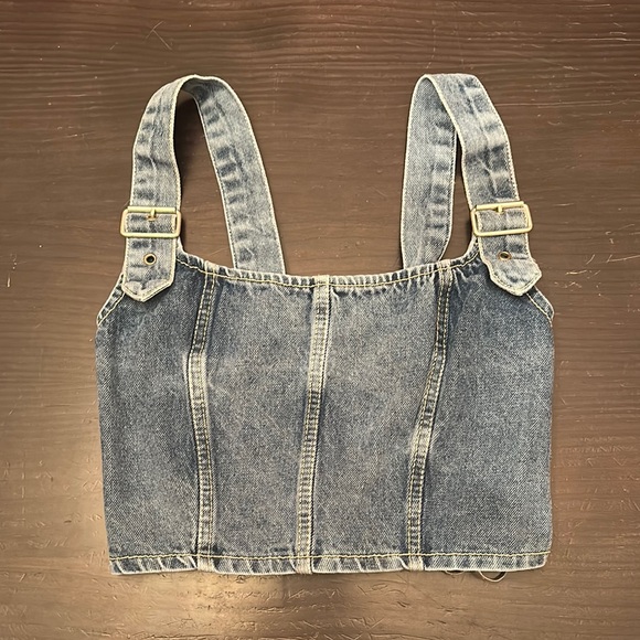 Tops - Western Denim Crop Tank Top with Adjustable Straps